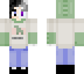 half girl with black hair half unknown species with  jeans and dino hoodie