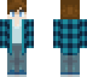 flannel, jeans, brown hair, blue eyes