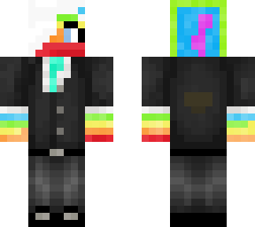 rainbow person in a black suit with white hair and rainbow beanie
