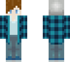 teal flannel, jeans, gray beanie, brown hair, blue eyes