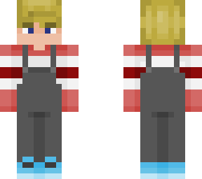 boy in overalls and red shirt