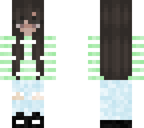 dark brown haired girl with green and white striped shirt/sweater