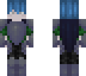 blue hair wearing armor, green shirt & black jeans