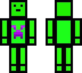green blob with black outlines and purple creeper face on chest.