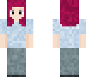 girl red hair white shirt gray pants
