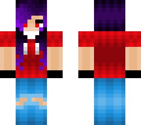 purple haired girl in a red hoodie with gloves and jeans