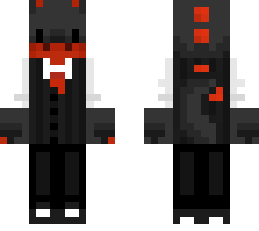 (black) and red dino in a suit