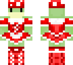 frog in red maid dress with mushroom hat
