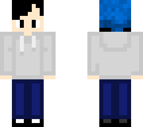 grey sweater and blue beanie