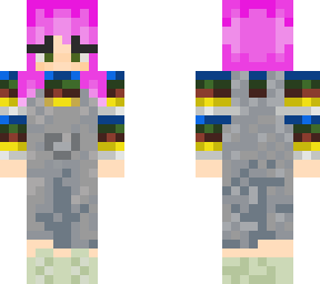 pink haired girl in overalls