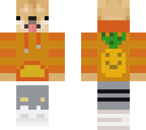 doge with orange hoodie with a pineapple and jeans