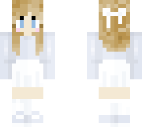 blondish girl in pastel blue and white outfit
