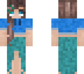 ocean theme outfit, brown hair, blue eyes