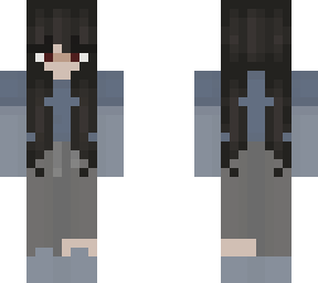 skin with long hair, blue shirt