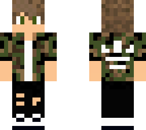 camo shirt with black pants green eyes and brownish hair