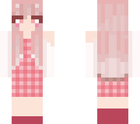 red-pink plaid dress with white sleeves, heels & pink hair