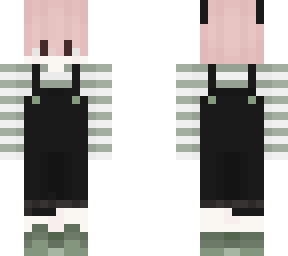 short hair pink hair cat girl with black and sage overalls