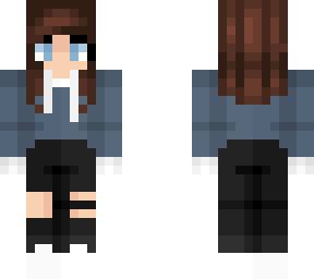 brunette girl in blue hoodie and black jeans