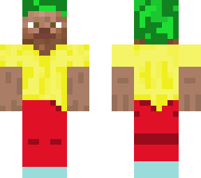 steve with gold shirt and red pants and a turtle helmet