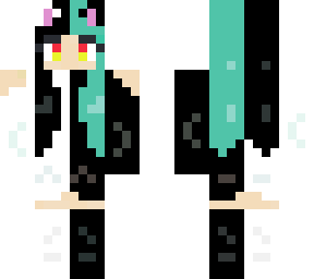 teal hair little darker skin, black and white, cat ear with