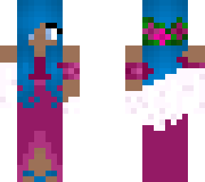 blue haired girl in pink dress
