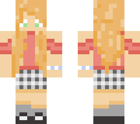 ginger with a plaid skirt and a red shirt