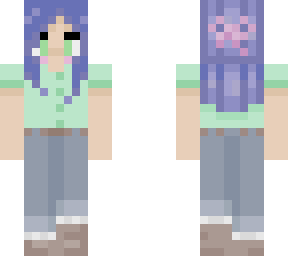 girl with blue hair, jeans, and a green shirt