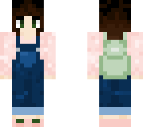overalls pink sweater green backpack
