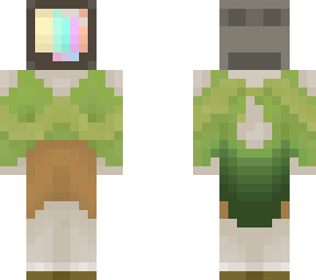 tv head w/ green shirt + kinda cape? and orange skirt