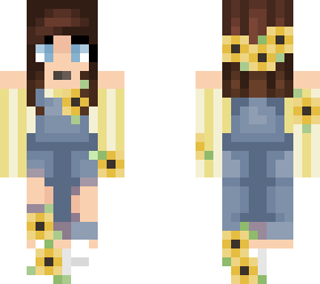 brunette girl in sunflower overalls