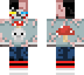 enderman with a mushroom on a skull and red/black striped socks