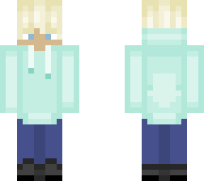 blonde boy with green-cyan sweater and jeans