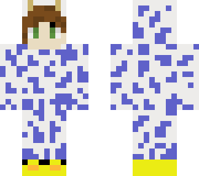 brunette girl in blue cow print jumpsuit also with duck shoes