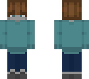 cyan shirt brown hair gray shoes and blue pants b)