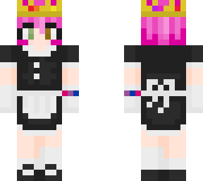 girl with short pink hair in maid dress with crown and bi bracelet
