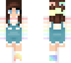 brunette girl in rainbow overalls
