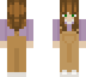 purple shirt, overalls, green eyes