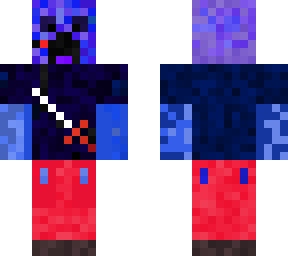 a blue creeper skin with katana tshirt and red pants