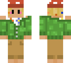 mushroom hat, blond hair, sage cardigan and beige trousers