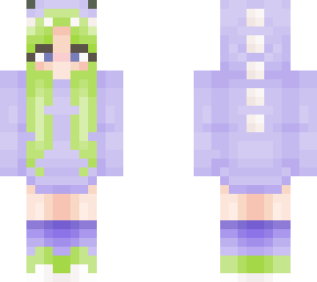 purple dinosaur hoodie, green hair