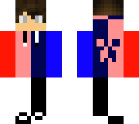 a boy in blue red black and white