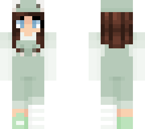 brunette girl in frog overalls