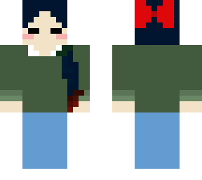 cute navy haired girl w/ ponytail and bow & green shirt + red died hair.