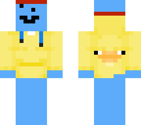 blue guy in a duck suite