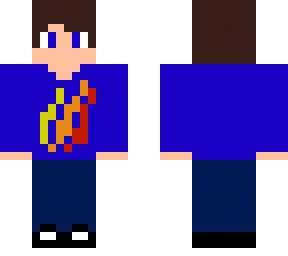 boy with blue fire logo tee