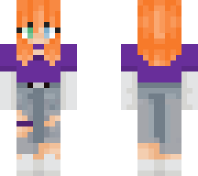 purple shirt, orange hair