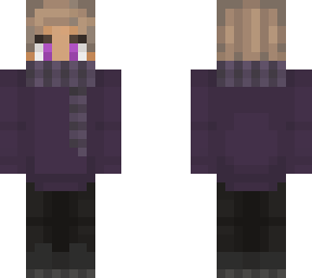 purpled, with a purple hoodie and purple scarf.