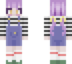 purple hair and overall shorts