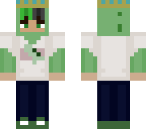 person in green dino hoodie with crown