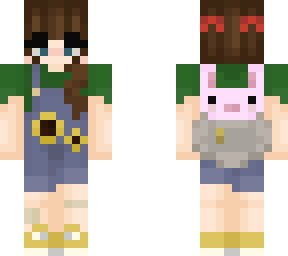 brown haired girl in sunflower overalls